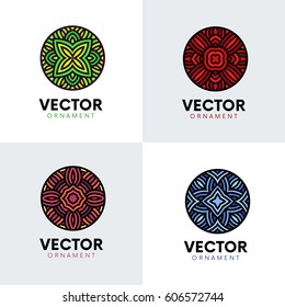 Set of circle ornament logo designs. Round mandala tracery emblem signs.