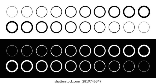 Set of circle outline frame icons with varying stroke weight width collection vector illustration isolated on background