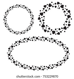 Set of circle and oval frames of black hearts. Vector illustration.