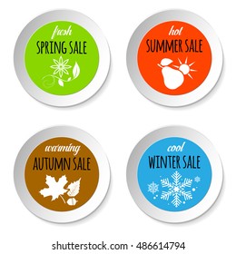 Set of circle paper badges with four season sale nature abstract icons - isolated on white background. Vector illustration.