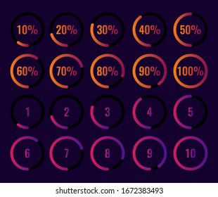 Set of circle percentage and countdown diagram fom 10-100 percent and 1-10. used for statistical infographic, loading, download and countdown meter preogress bar. flat gradient style chart