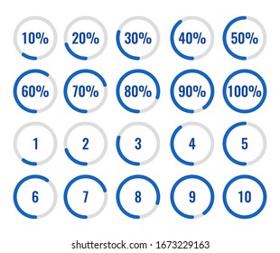 Set of circle percentage and countdown diagram fom 10-100 percent and 1-10. used for statistical infographic, loading, download and countdown meter preogress bar. flat style chart