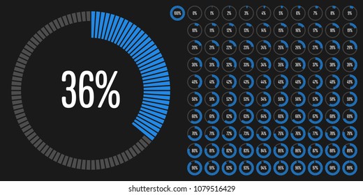 Set of circle percentage diagrams from 0 to 100 ready-to-use for web design, user interface (UI) or infographic - indicator with blue