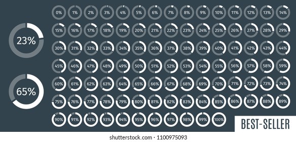 Set of circle percentage diagrams from 0 to 100 for infographics, dark, 5 10 15 20 25 30 35 40 45 50 55 60 65 70 75 80 85 90 95 percent. Vector illustration.