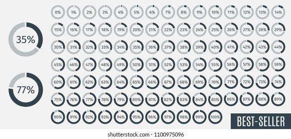 Set of circle percentage diagrams from 0 to 100 for infographics, lignt, 5 10 15 20 25 30 35 40 45 50 55 60 65 70 75 80 85 90 95 percent. Vector illustration.