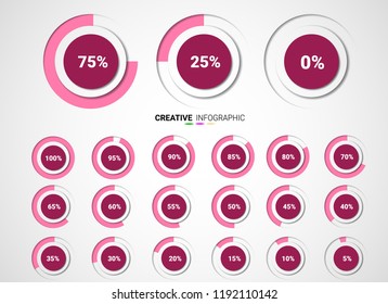 Set of circle percentage diagrams from 0 to 100 ready-to-use for web design, ui, infographic - indicator with pink.