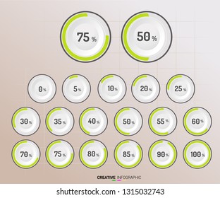 Set of circle percentage diagrams from 0 to 100 ready-to-use for web design, user interface (UI).