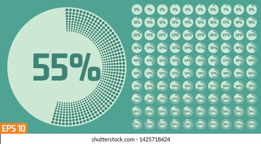 Set of circle percentage diagrams from 0 to 100 percent. Progress bar template. Percentage diagram set for infographic, UI, web design. Vector illustration