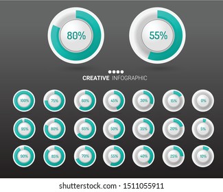Set of circle percentage diagrams from 0 to 100 ready-to-use for web design, user interface (UI). 