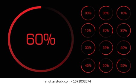 Set of circle percentage diagrams from 0 to 60 ready for use with red indicator on black background - web design, user interface (UI) or infographic. 60 minutes - second time - search