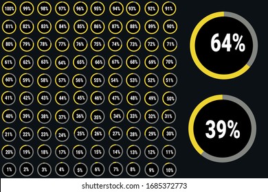 Set of circle percentage diagrams from 0 to 100 ready-to-use for web design, user interface indicator with yellow