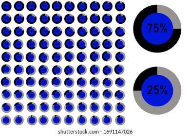 Set of circle percentage diagrams from 0 to 100 for web design, user interface (UI) or infographic - indicator with blue,black and ash