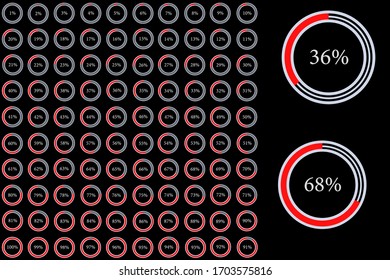 Set of circle percentage diagrams from 0 to 100 ready-to-use for web design, user interface (UI) or infographic - indicator with red,ash and black