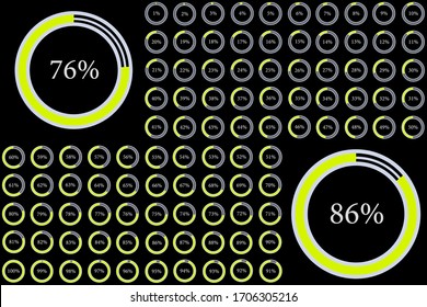 Set of circle percentage diagrams from 0 to 100 ready-to-use for web design, user interface (UI) or infographic - indicator with yellow