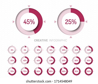 Set of circle percentage diagrams from 0 to 100 ready-to-use for web design, user interface (UI). 