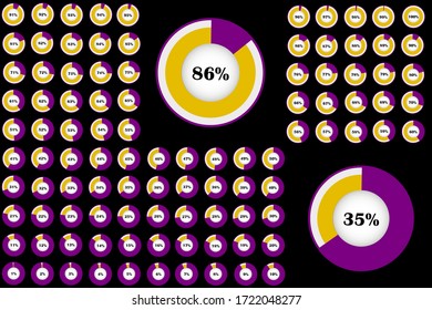 Set of circle percentage diagrams from 0 to 100 ready-to-use for web design, user interface (UI) or infographic - indicator with yellow and purple.