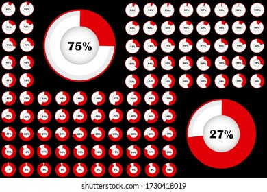 Set of circle percentage diagrams from 0 to 100 ready-to-use for web design, user interface (UI) or infographic - indicator with red and white
