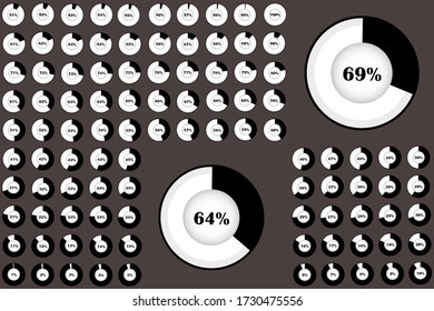 Set of circle percentage diagrams from 0 to 100 ready-to-use for web design, user interface (UI) or infographic - indicator with black and white