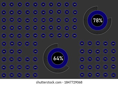 Satz von Kreisdiagrammen von 0 bis 100 einsatzbereit für Webdesign, Benutzerschnittstelle (UI) oder Infografik - Anzeiger mit blauem Hintergrund