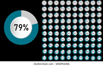 Set of circle percentage diagrams from 0 to 100 ready-to-use for web design, user interface (UI) or infographic - indicator with blue