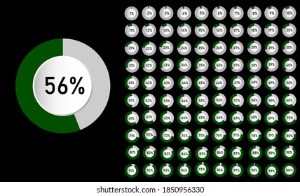 Set of circle percentage diagrams from 0 to 100 ready-to-use for web design, user interface (UI) or infographic - indicator with dark green