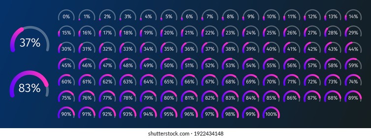 Set of circle percentage diagrams from 0 to 100 for infographics with blue and purple colors on dark background. Vector illustration.