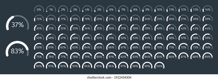 Set of circle percentage diagrams from 0 to 100 for infographics on dark background. Vector illustration.