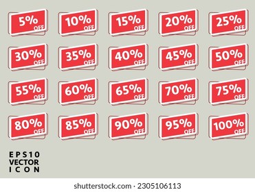 Set of circle percentage diagrams from 0 to 100 for infographics, red, 5 10 15 20 25 30 35 40 45 50 55 60 65 70 75 80 85 90 95 percent. Vector illustration.