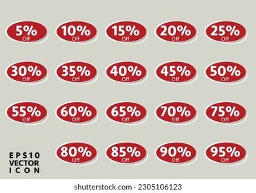 Set of circle percentage diagrams from 0 to 100 for infographics, red, 5 10 15 20 25 30 35 40 45 50 55 60 65 70 75 80 85 90 95 percent. Vector illustration.