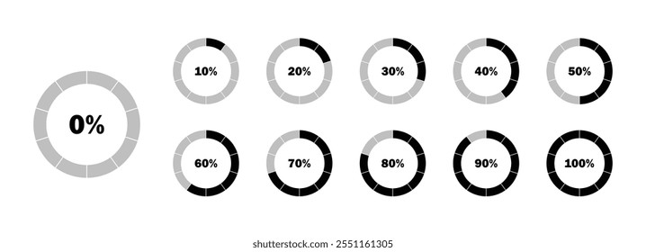 Conjunto de diagramas porcentuales circulares de 0 a 100 para infografías 0%, 10%, 20%,30%,40%,50%,.60%,70%,80%, 90% y 100% de Ilustración vectorial sobre fondo blanco.