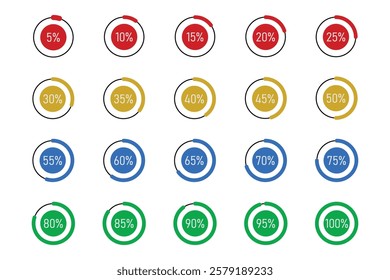 Set of circle percentage diagrams from 0 to 100 for infographics, lignt, 5 10 15 20 25 30 35 40 45 50 55 60 65 70 75 80 85 90 95 percent.