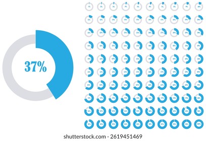  Set of circle percentage diagrams from 0 to 100 percent. Circle Pie Chart icons. Pie chart percentage infographic design. Circular data chart progress visual. Vector illustration