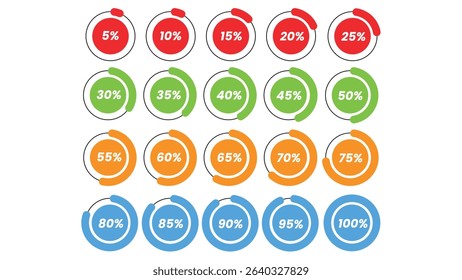 Set of circle percentage diagrams from 0 to 100 for infographics, lignt, 5 10 15 20 25 30 35 40 45 50 55 60 65 70 75 80 85 90 95 percent.