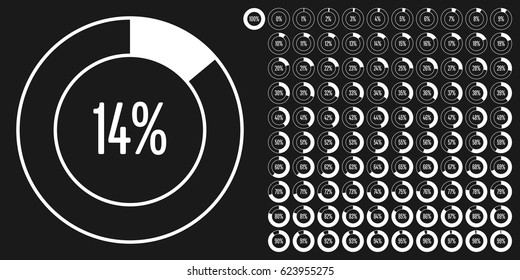 Set of circle percentage diagrams from 0 to 100 ready-to-use for web design, user interface (UI) or infographic - indicator with white