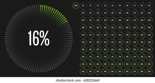 Set of circle percentage diagrams from 0 to 100 ready-to-use for web design, user interface (UI) or infographic - indicator with green