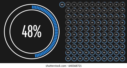 Set of circle percentage diagrams from 0 to 100 ready-to-use for web design, user interface (UI) or infographic - indicator with blue