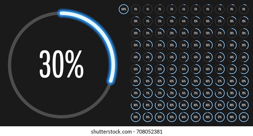 Set of circle percentage diagrams from 0 to 100 ready-to-use for web design, user interface (UI) or infographic - indicator with neon blue