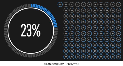 Set of circle percentage diagrams from 0 to 100 ready-to-use for web design, user interface (UI) or infographic - indicator with blue