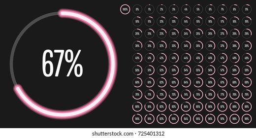 Set of circle percentage diagrams from 0 to 100 ready-to-use for web design, user interface (UI) or infographic - indicator with neon pink