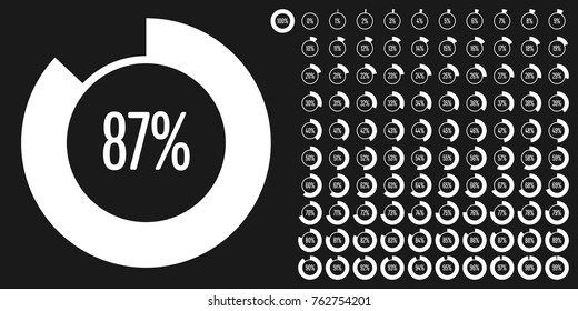Set of circle percentage diagrams from 0 to 100 ready-to-use for web design, user interface (UI) or infographic - indicator with white