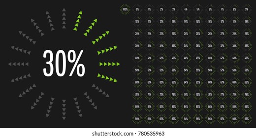 Set of circle percentage diagrams from 0 to 100 ready-to-use for web design, user interface (UI) or infographic - indicator with green