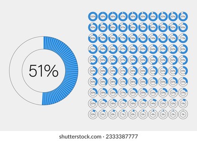 Set of circle percentage diagrams from 1 to 100 for web design, user interface, indicator with blue, percentage, circle percentage