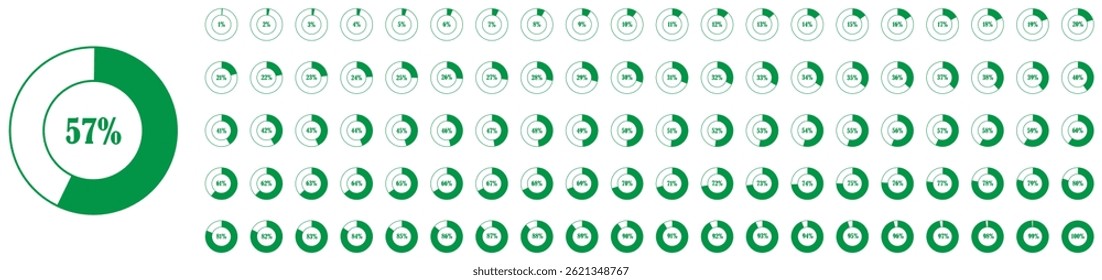 Set of circle percentage diagrams from 1 to 100 for infographics. Percentage circle graph. Vector graphic statistic for presentation. Pie chart infographic for online presentation. Vector illustration