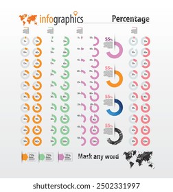 Set of circle percentage diagrams from 5% to 100%, world map and special outline effect. Infographic elements