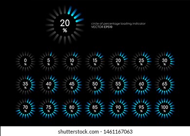 Set of circle percentage diagrams blue green light isolated on black background for loading icon, progress or infographics design elements.Vector illustration.