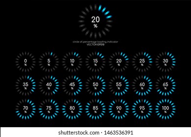 Set of circle percentage diagrams blue green light isolated on black background for loading icon, progress or infographics design elements.Vector illustration.