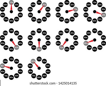 Set of circle percentage diagrams in clock form vector in 10, 20, 30, 40, 50, 60, 70, 80, 90,100 