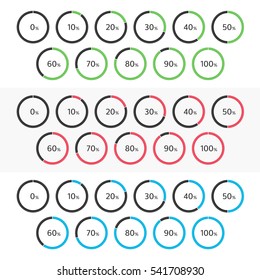 Set of circle percentage diagrams different color for infographic template. Flat, modern loading bar with steps 0, 10, 20, 30, 40, 50, 60, 70, 80, 90 and 100 percent. Vector illustration.