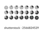 Set of circle percentage diagrams for infographics, 0 5 10 15 20 25 30 35 40 45 50 55 60 65 70 75 80 85 90 95 100 percent. Vector illustration. Set of pie charts from 0% to 100% (5% increments).