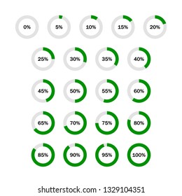 Set of circle percentage diagrams for infographics, 0 5 10 15 20 25 30 35 40 45 50 55 60 65 70 75 80 85 90 95 100 percent. Vector illustration.  Flat design for business financial marketing banking 